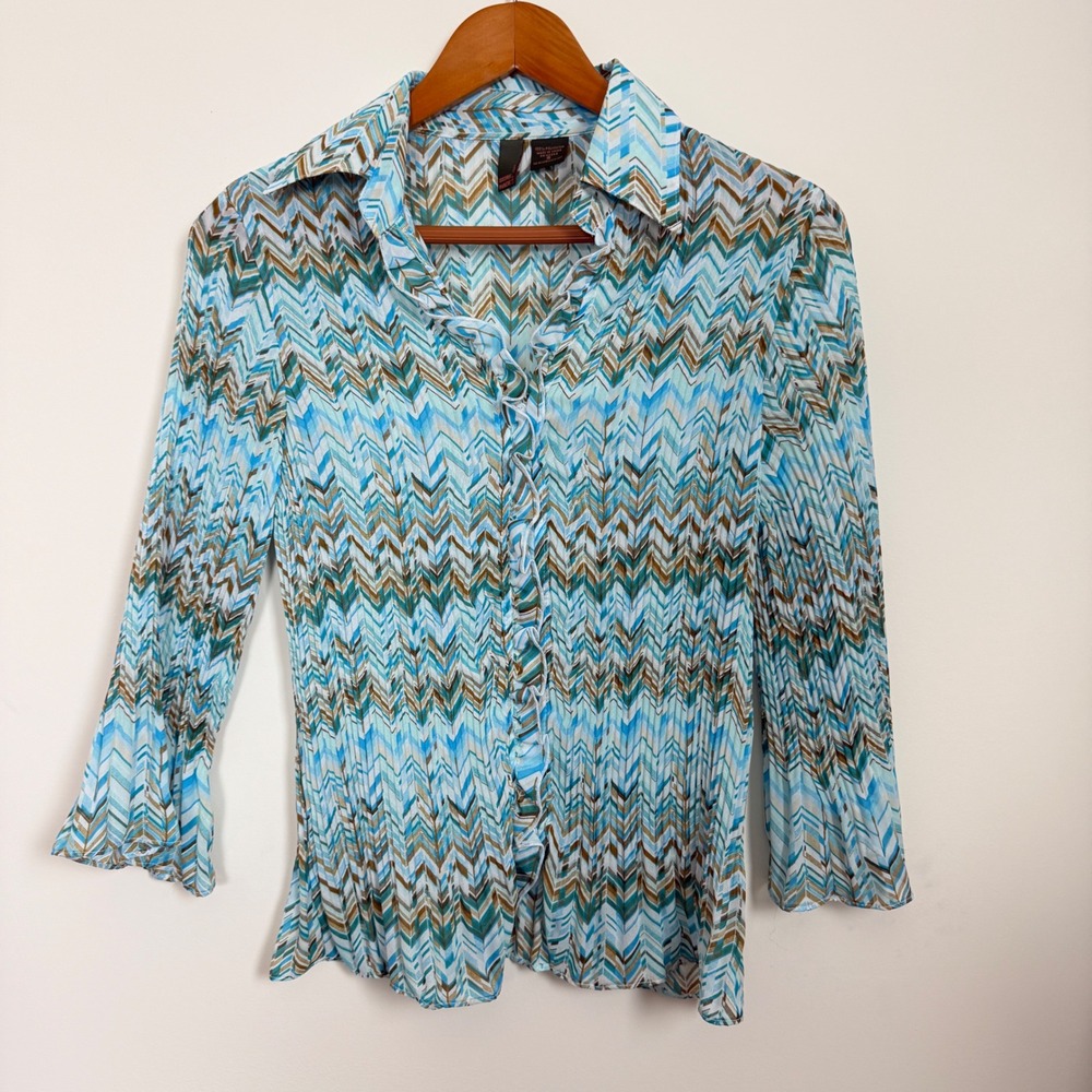 Y2K Button Down Blue Chevron Crinkle Ruffle Top Boho Size S